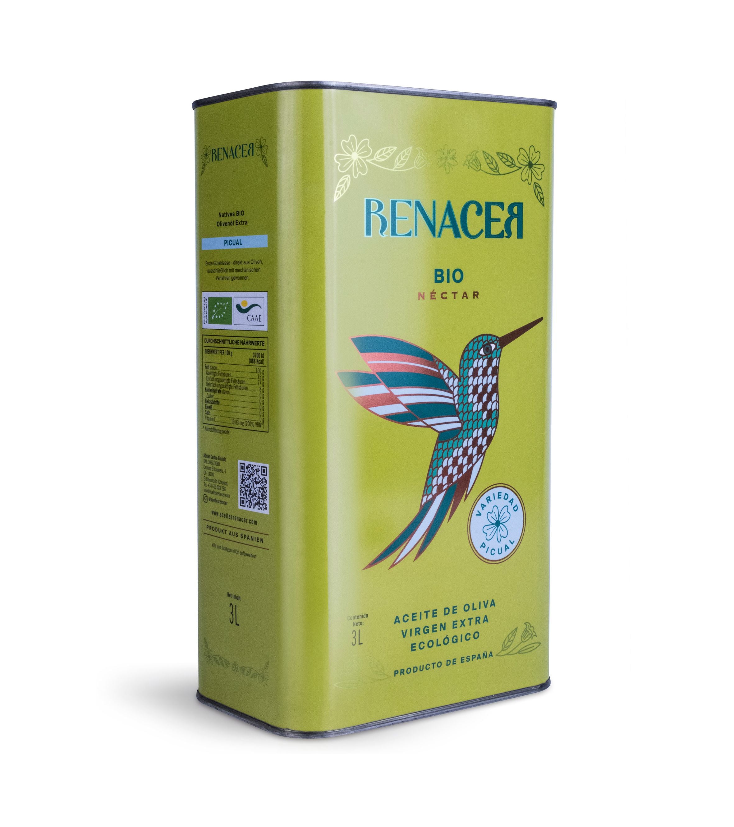RENACER ACEITE DE OLIVA VIRGEN EXTRA ECOLÓGICO LATA 3L PICUAL